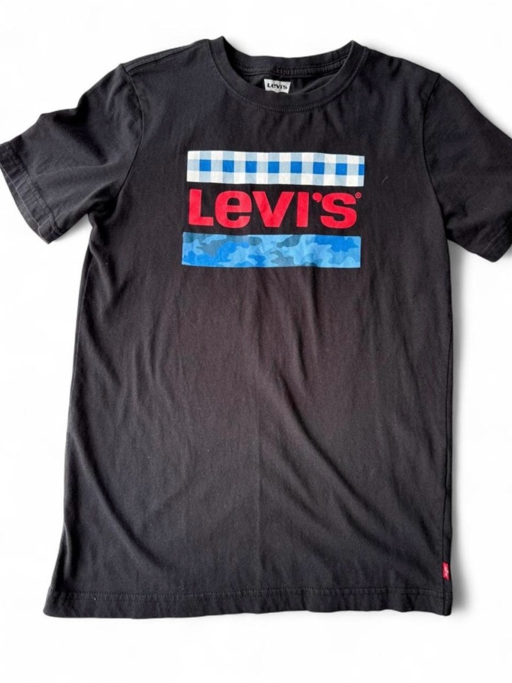 Levi's Black Tee with Red Logo and Blue Graphic Stripes